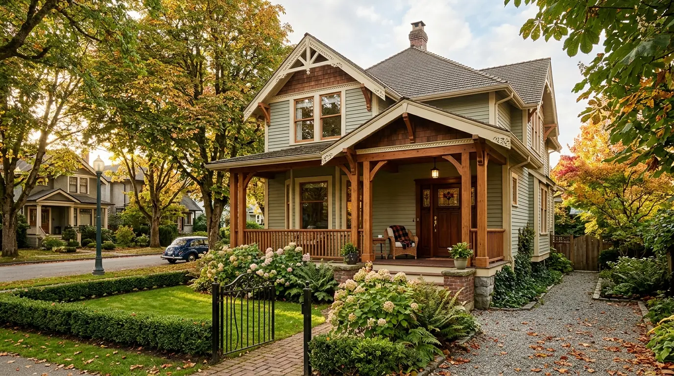A restored pre-1940 Vancouver character house with a wood porch and a new infill cottage at the rear of the lot