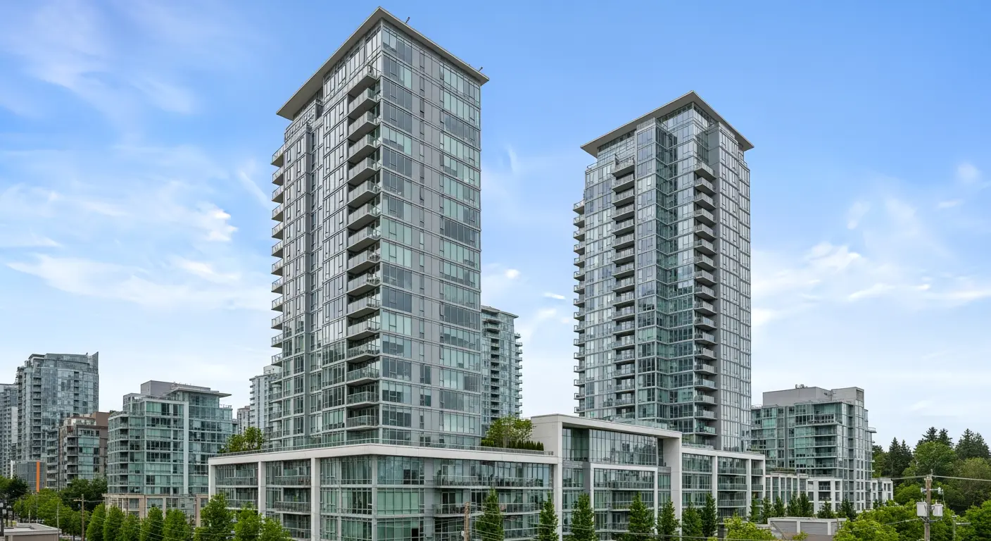 Modern glass and steel Vancouver condo highrise with balconies against a blue sky