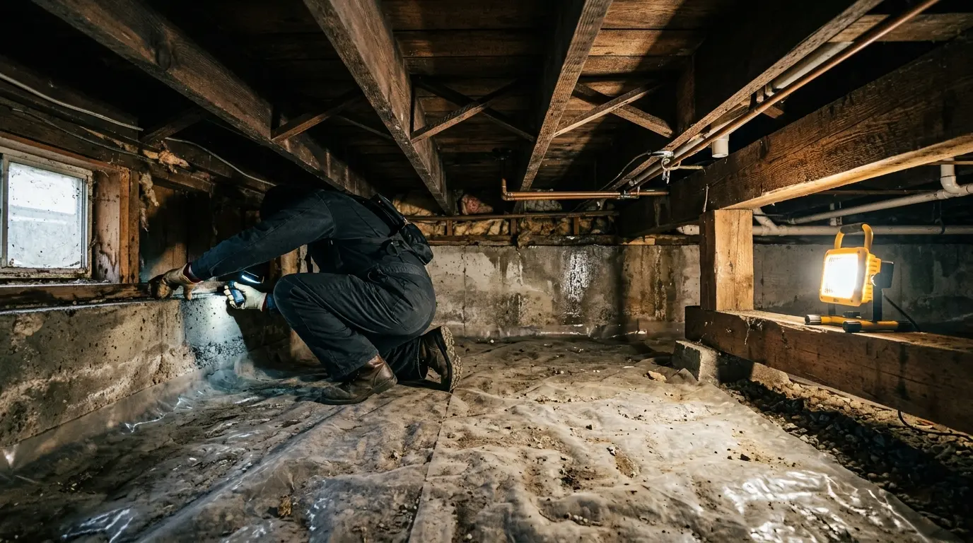 Home inspector with a flashlight examining a damp crawlspace under an older Vancouver house, checking the vapour barrier and joists