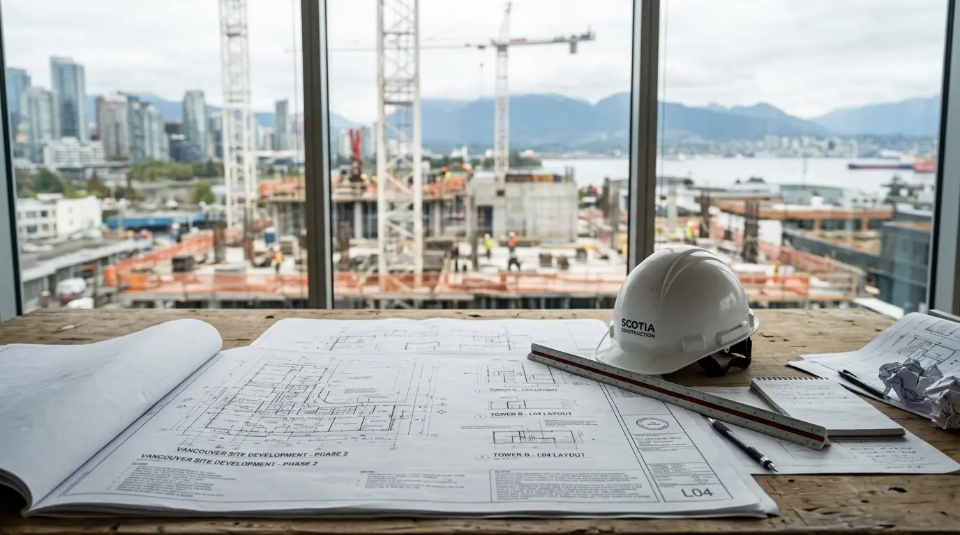 Architect and builder reviewing plans and permit documents in front of a Vancouver multiplex construction site on a clear day