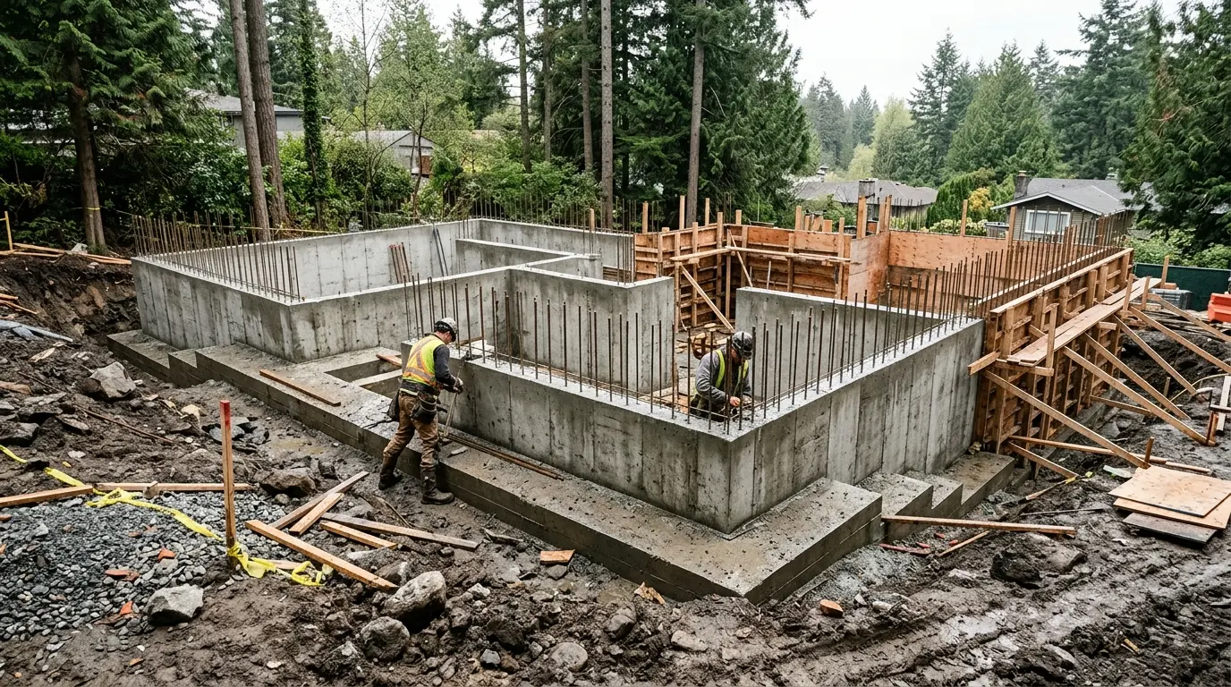 Concrete perimeter foundation wall of an older Vancouver house exposed during excavation, showing weeping tile and drainage gravel along the footing