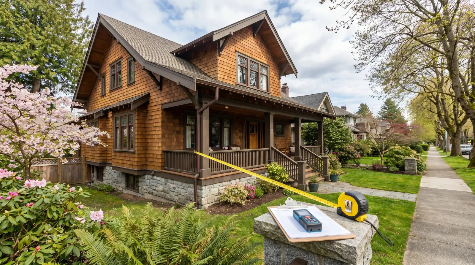 Vancouver craftsman home exterior with measuring tape and appraisal tools on front walkway
