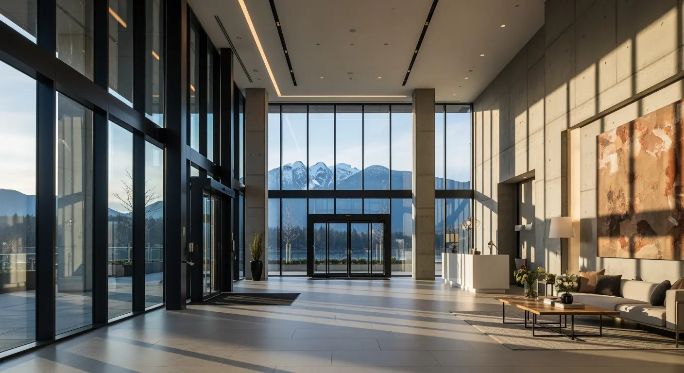 Modern Vancouver condo building lobby with glass and concrete architecture and North Shore mountain views
