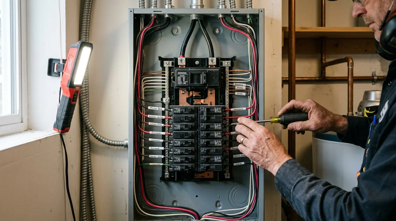 Electrician installing a new 200-amp electrical panel in the basement of an older Vancouver home