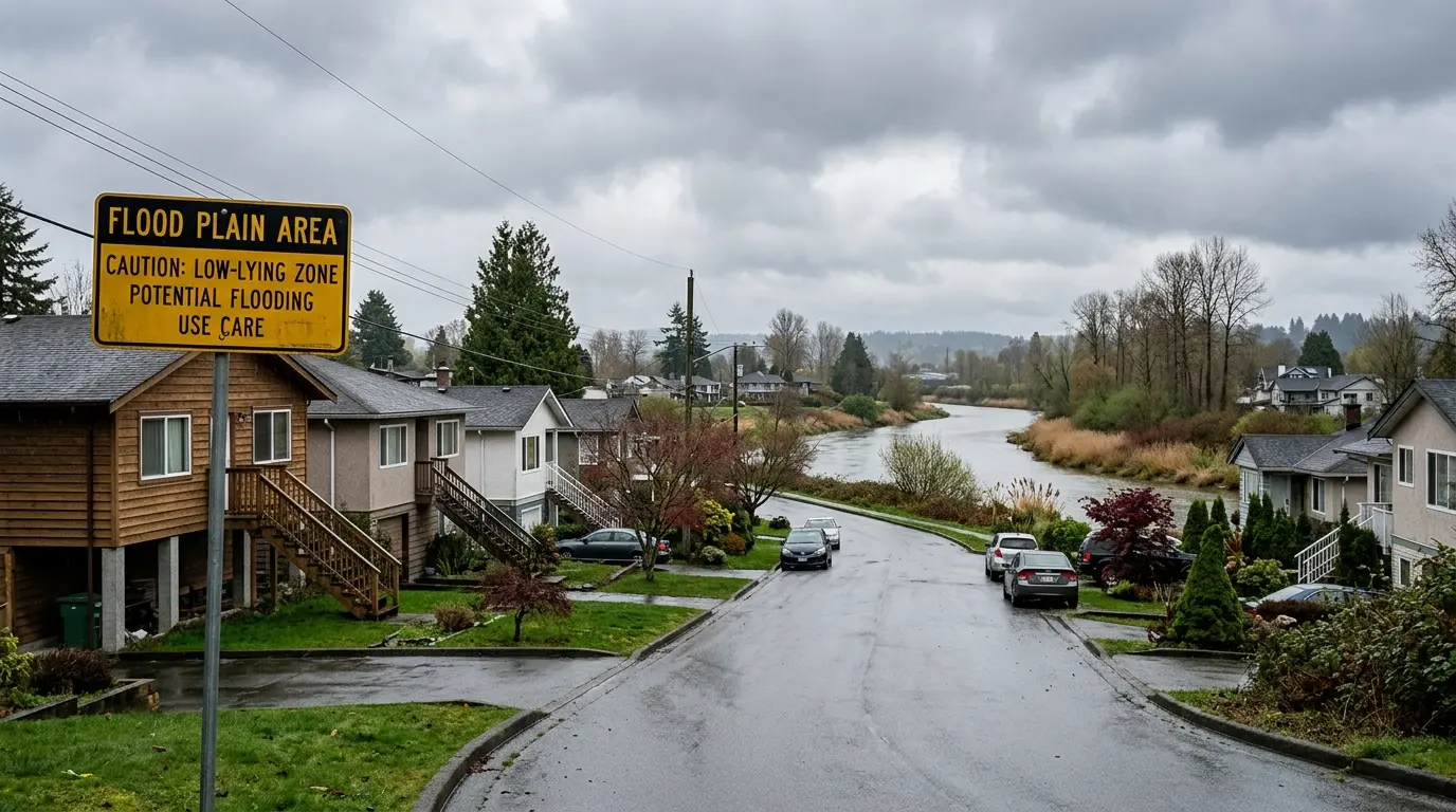 Low-lying Vancouver residential street near the shoreline with older homes, a storm drain, and grey clouds hinting at coastal flood risk