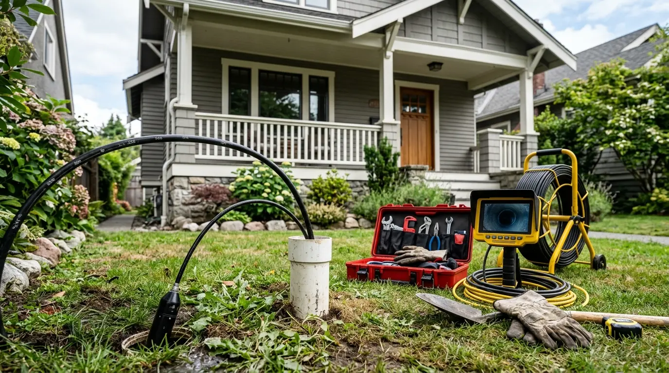 A plumber feeding a sewer camera cable into a cleanout at an older Vancouver home, inspecting the clay sewer lateral for root damage on a clear day