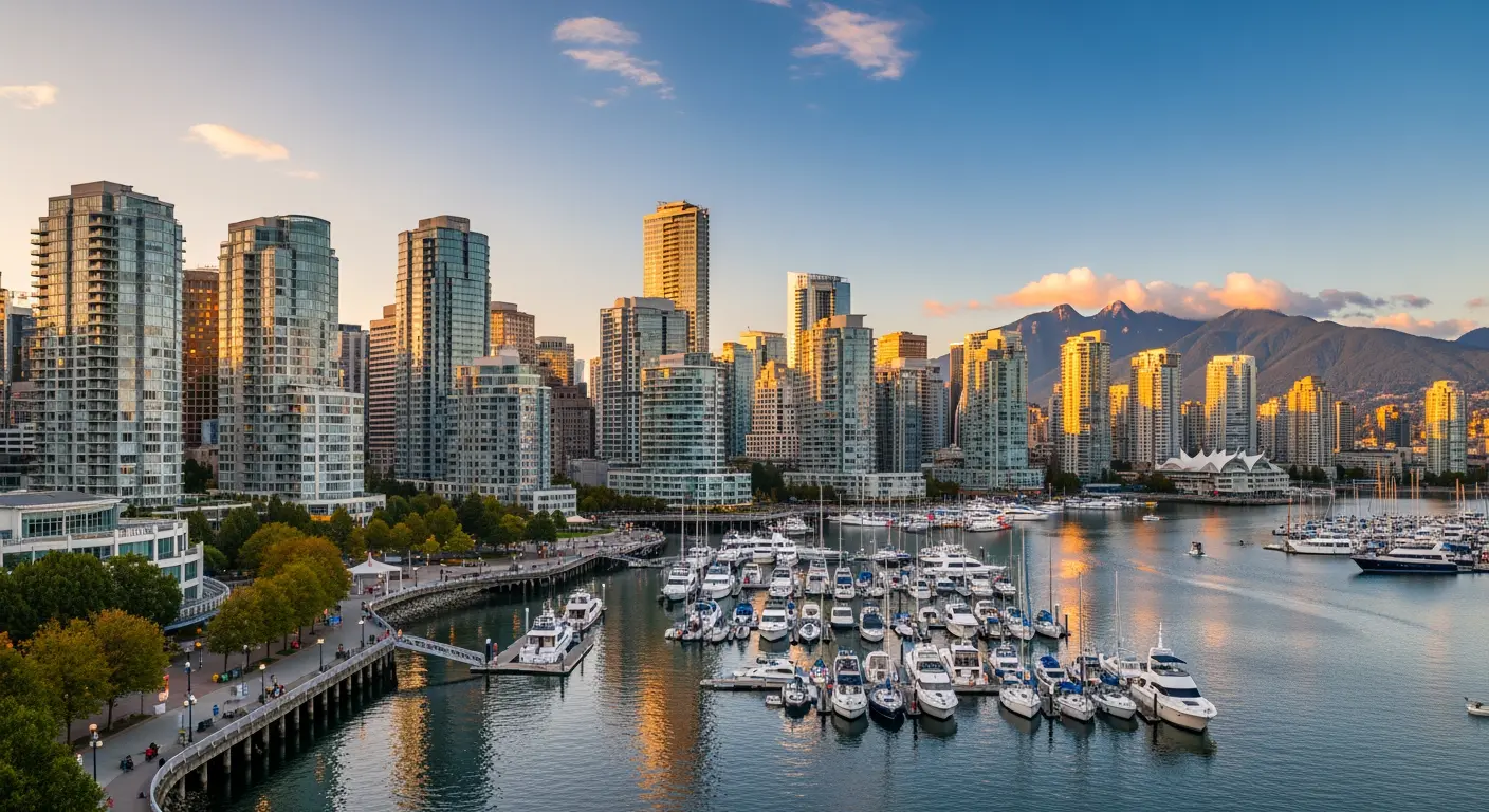 Modern Yaletown high-rise condo tower with False Creek view and North Shore mountains at golden hour