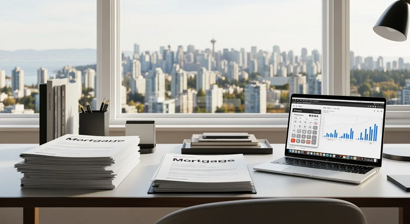 Modern home office desk with mortgage documents and laptop calculator, Vancouver cityscape visible through window in warm natural light