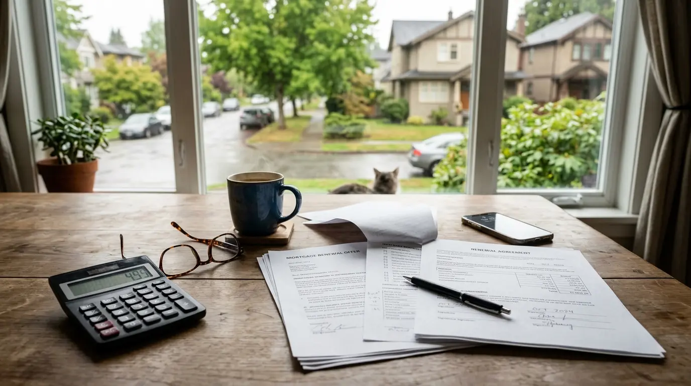 A Vancouver homeowner at a kitchen table reviewing mortgage renewal paperwork with a calculator and laptop, rainy window in the background
