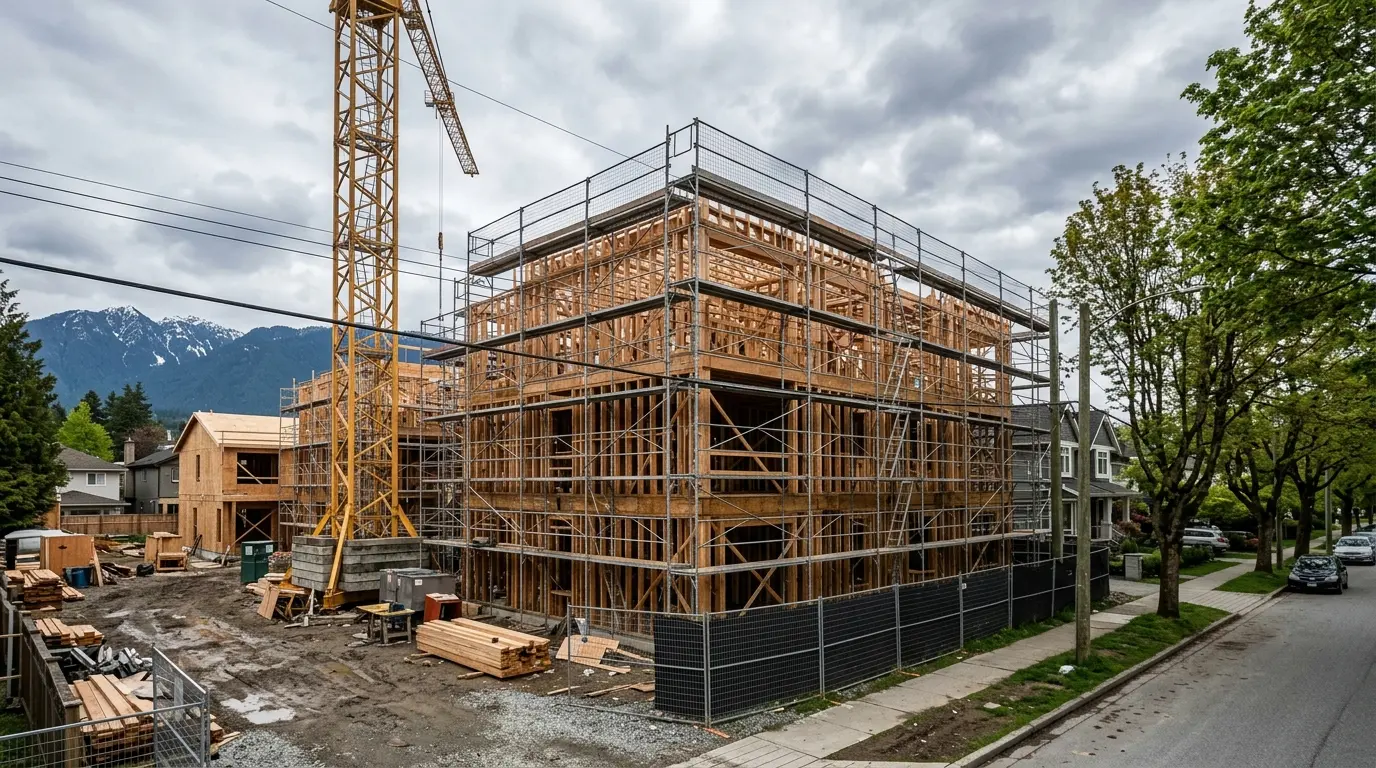 A four-to-six unit Vancouver multiplex mid-construction with exposed wood framing and scaffolding, a tower crane overhead, and the North Shore mountains rising behind it
