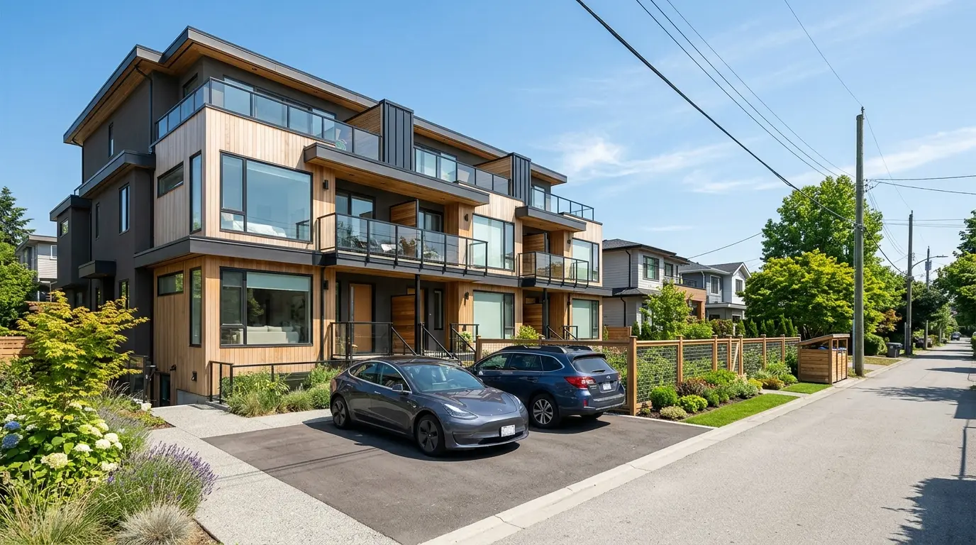 Rear lane of a Vancouver multiplex development with off-street parking pads, an EV charger, and a modern six-unit building