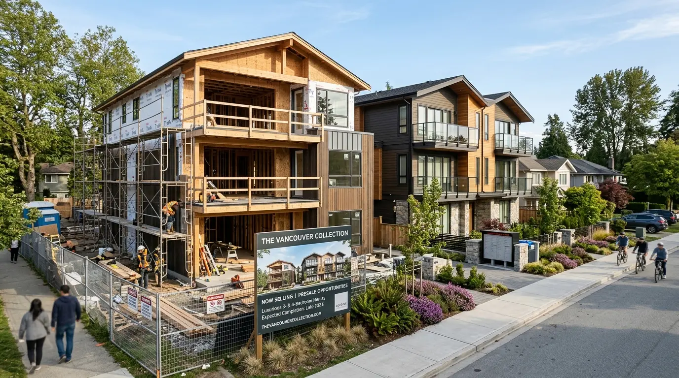 Newly completed small-scale multiplex building in Vancouver with a for-sale sign, next to a similar project still under construction on a clear day