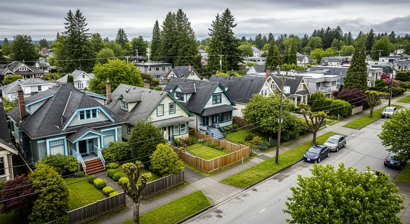 Aerial view of East Vancouver residential street with craftsman houses showing subtle signs of peat bog settlement