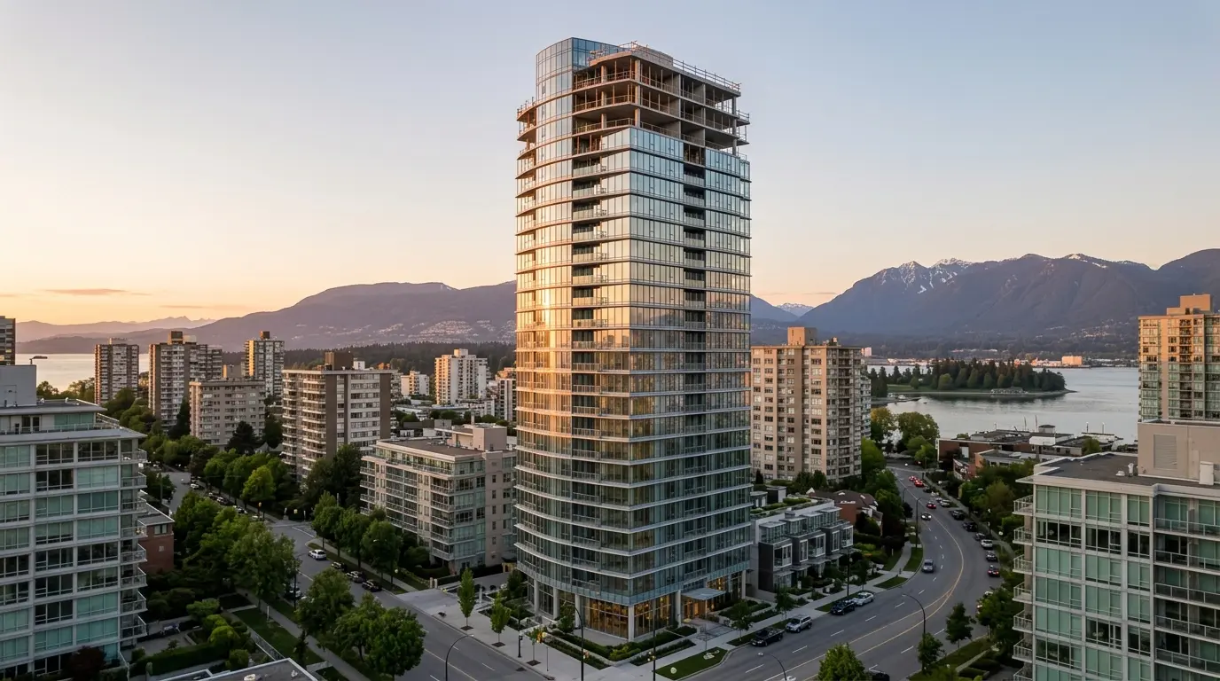 Sleek glass presale condo tower nearing completion in Vancouver at golden hour, with English Bay and the North Shore mountains behind