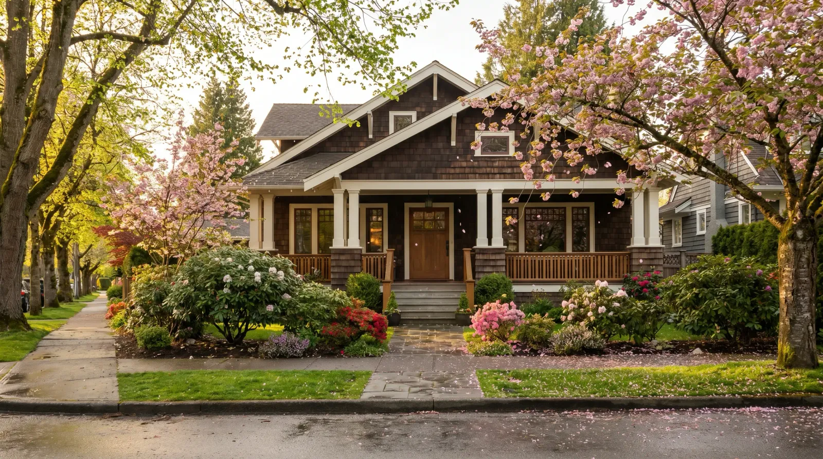 Heritage craftsman bungalow in Kerrisdale Vancouver with manicured cherry-blossom garden on a tree-lined residential street