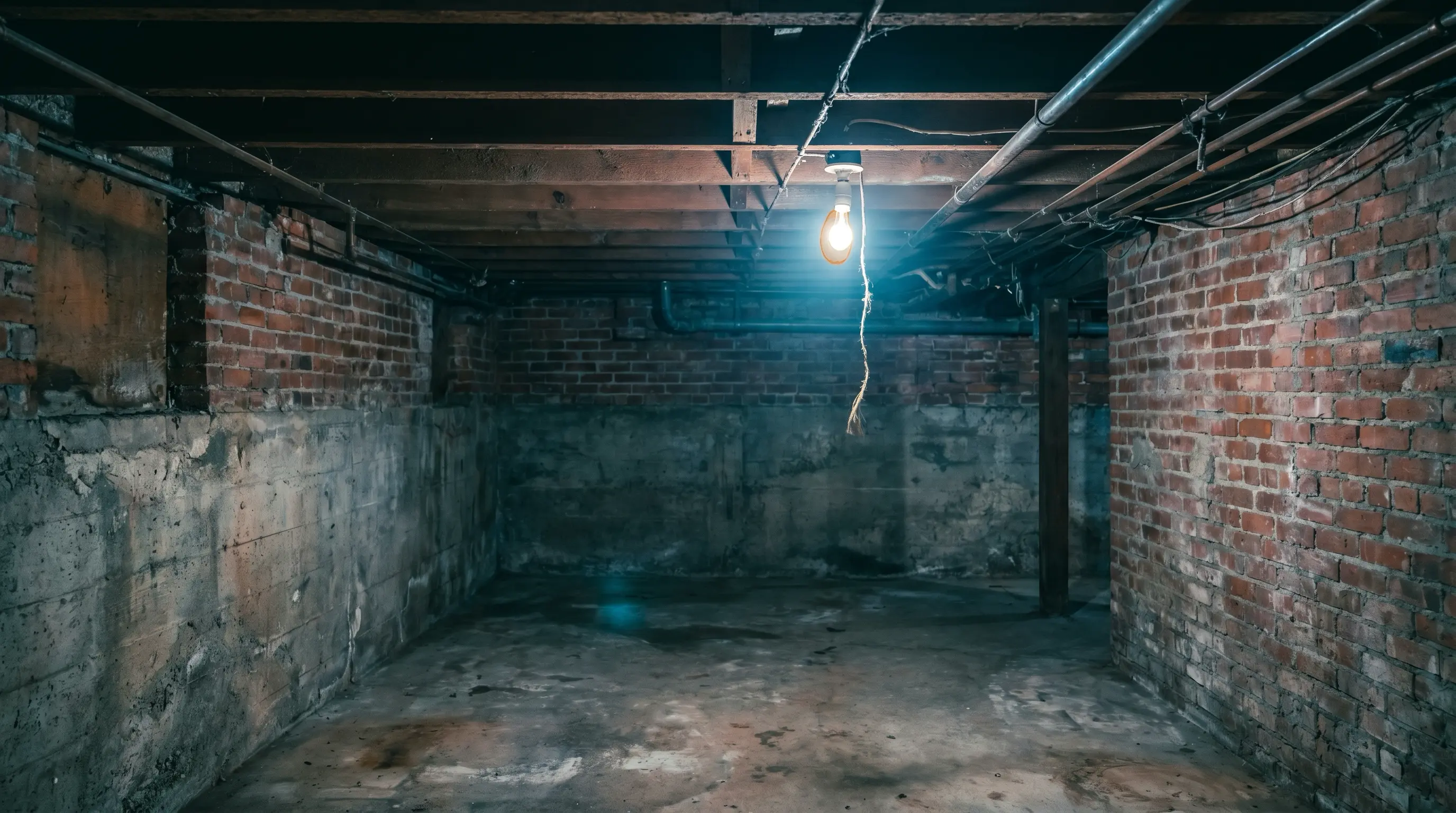 East Vancouver heritage character home basement interior with unfinished brick foundation walls and atmospheric single hanging lightbulb