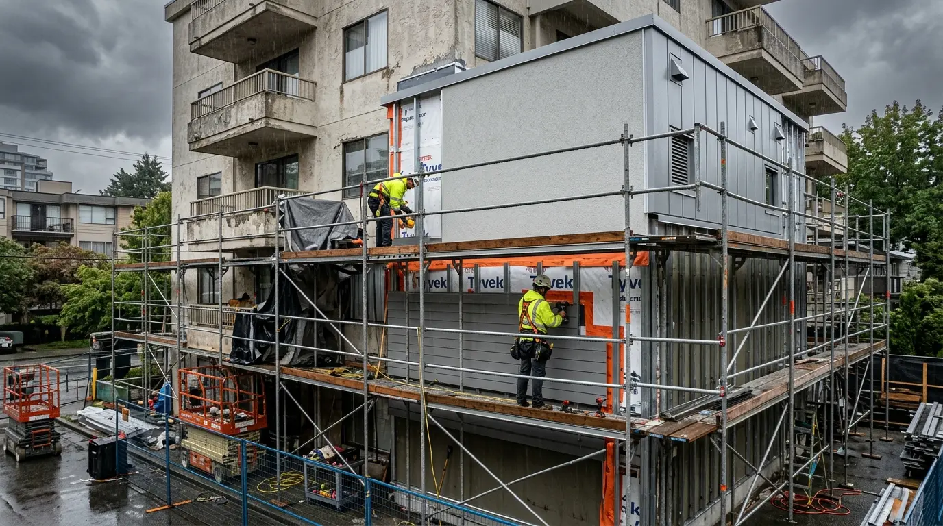 Side-by-side of an older face-sealed stucco Vancouver condo and a rainscreen-clad building under grey rain
