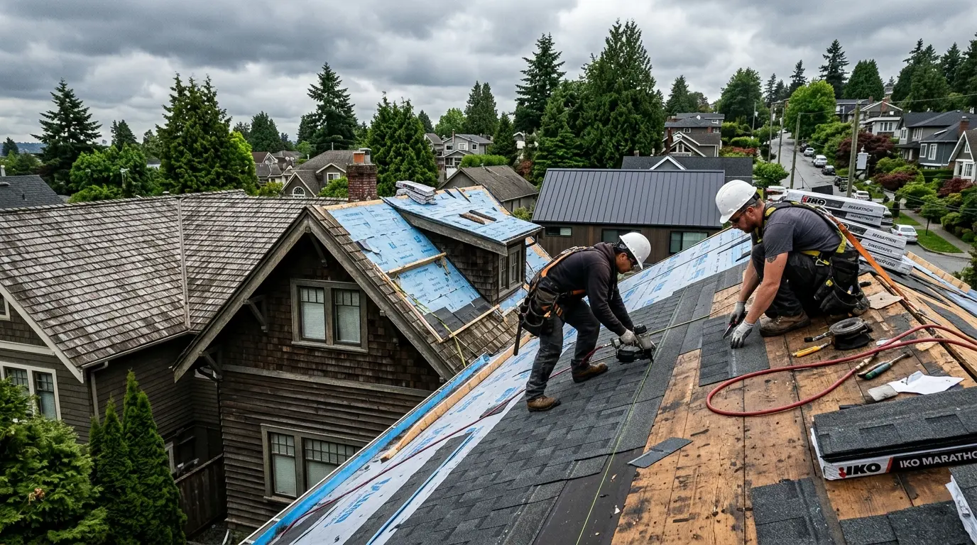 Vancouver house roofline in rain showing asphalt shingles with moss growth and a wet cedar shake section