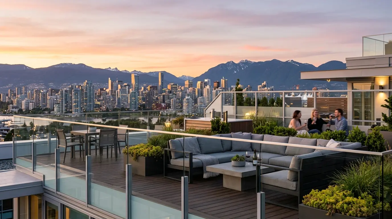 Rooftop deck on a modern Vancouver multiplex with glass privacy railing, wood decking, and a North Shore mountain view at dusk