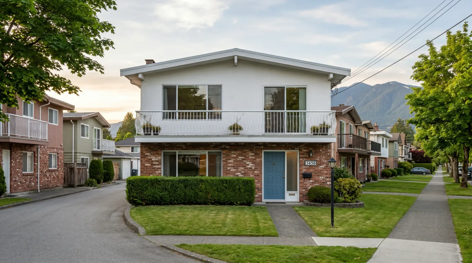 Classic Vancouver Special house with low-pitched roof, full-width second-floor balcony, white stucco upper floor and brick veneer lower facade on an East Vancouver street