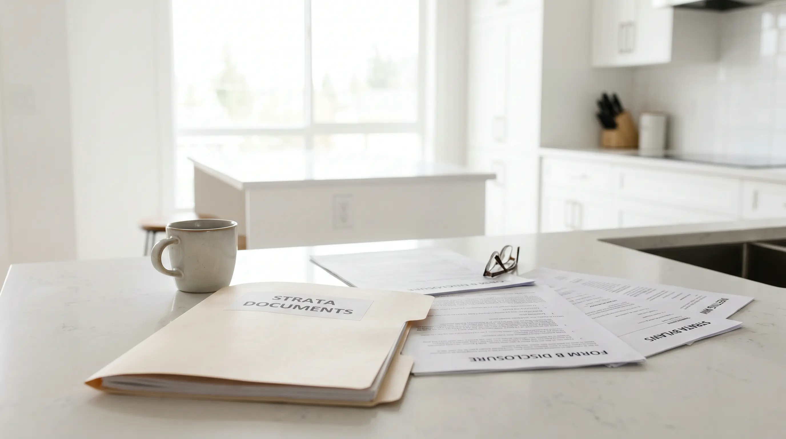 Vancouver strata document folder with Form B disclosure, bylaws, and meeting minutes on a white kitchen counter