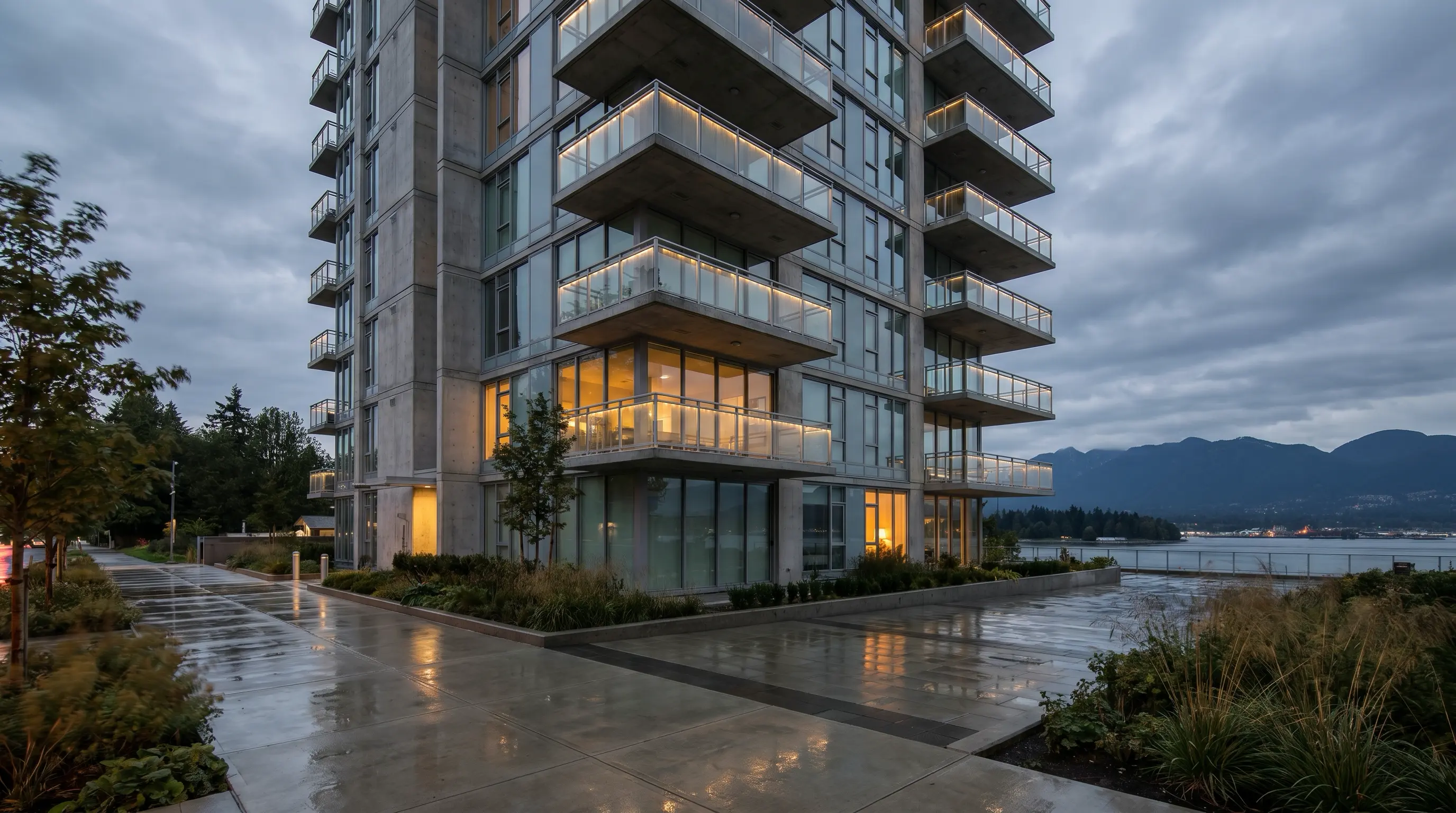 Modern Vancouver concrete condo tower at dusk with rain-soaked walkways and North Shore mountains in the background