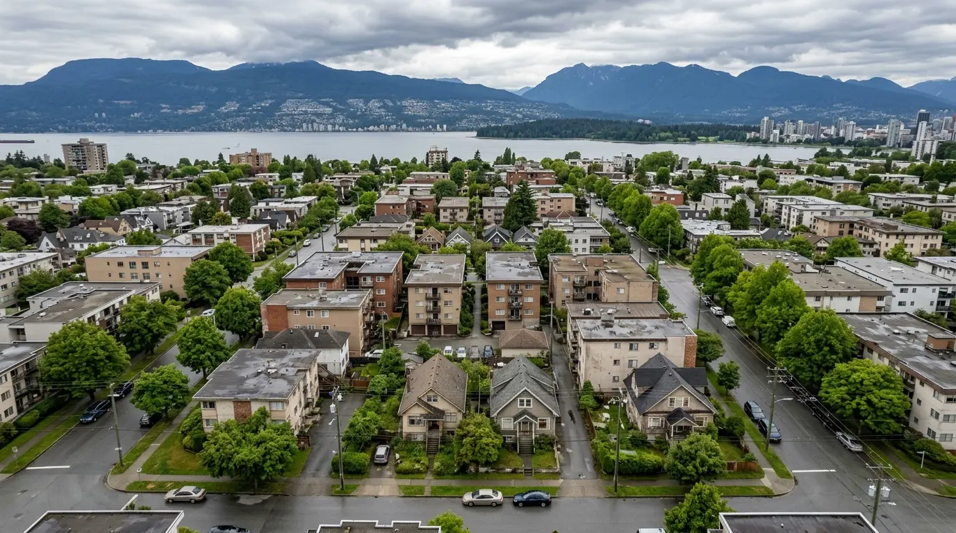 Aerial view of a Vancouver block of older three-storey walk-up apartment buildings and aging houses ripe for redevelopment, with the North Shore mountains in the distance