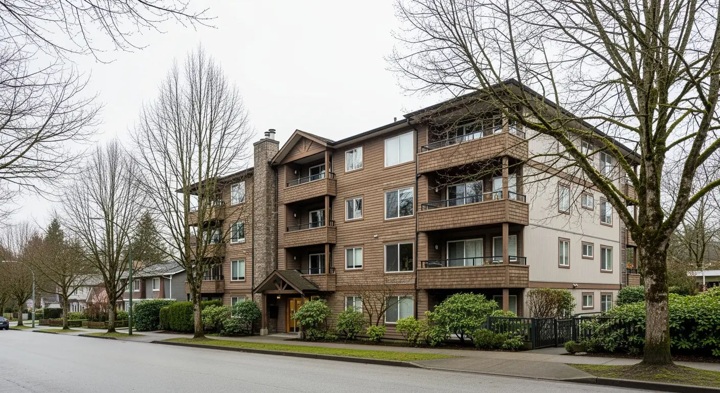 Mid-rise Vancouver apartment building on a tree-lined residential street