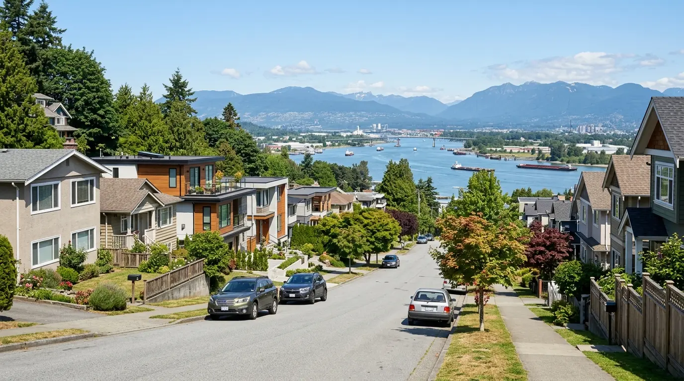 Hillside residential street in Victoria-Fraserview, East Vancouver looking down toward the Fraser River with mountains beyond on a clear day