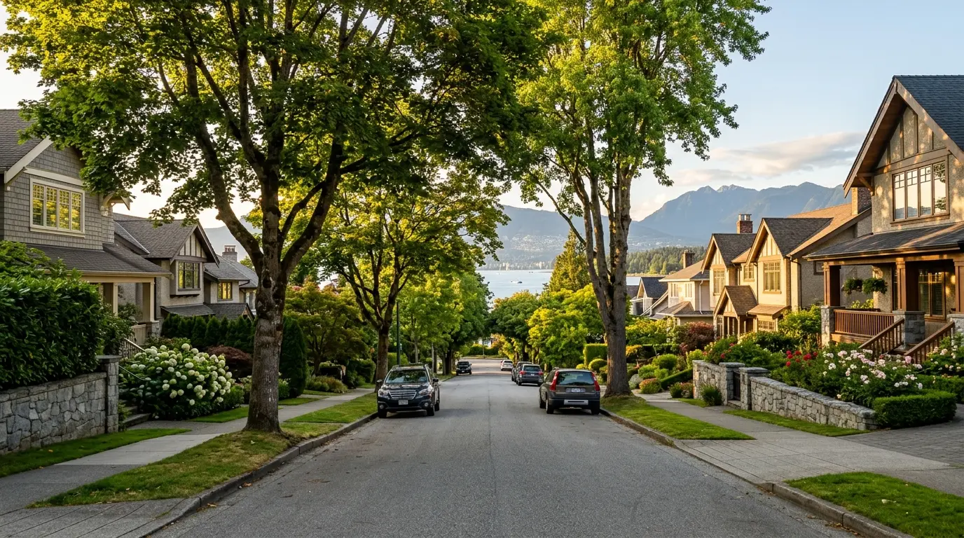 Tree-lined West Point Grey street of character homes sloping toward Jericho Beach and the North Shore mountains
