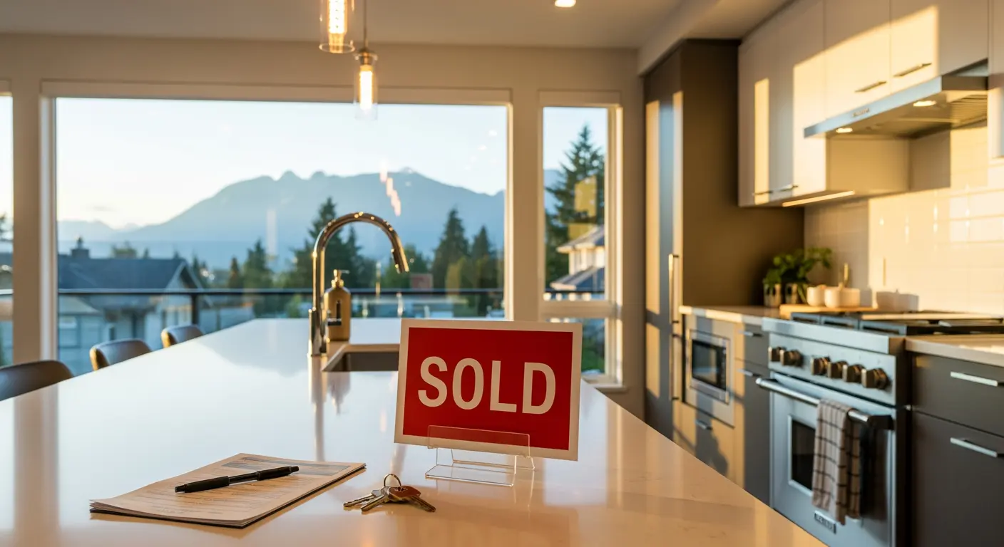 Modern Vancouver home interior with documents and keys on kitchen counter, North Shore mountains visible through window