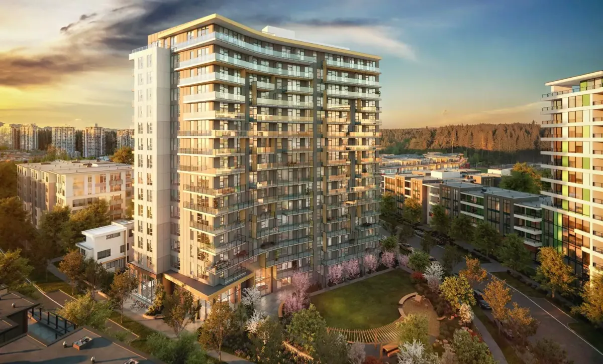 Exeter Hall rendering — 16-storey tower by Polygon Homes in UBC Wesbrook Village