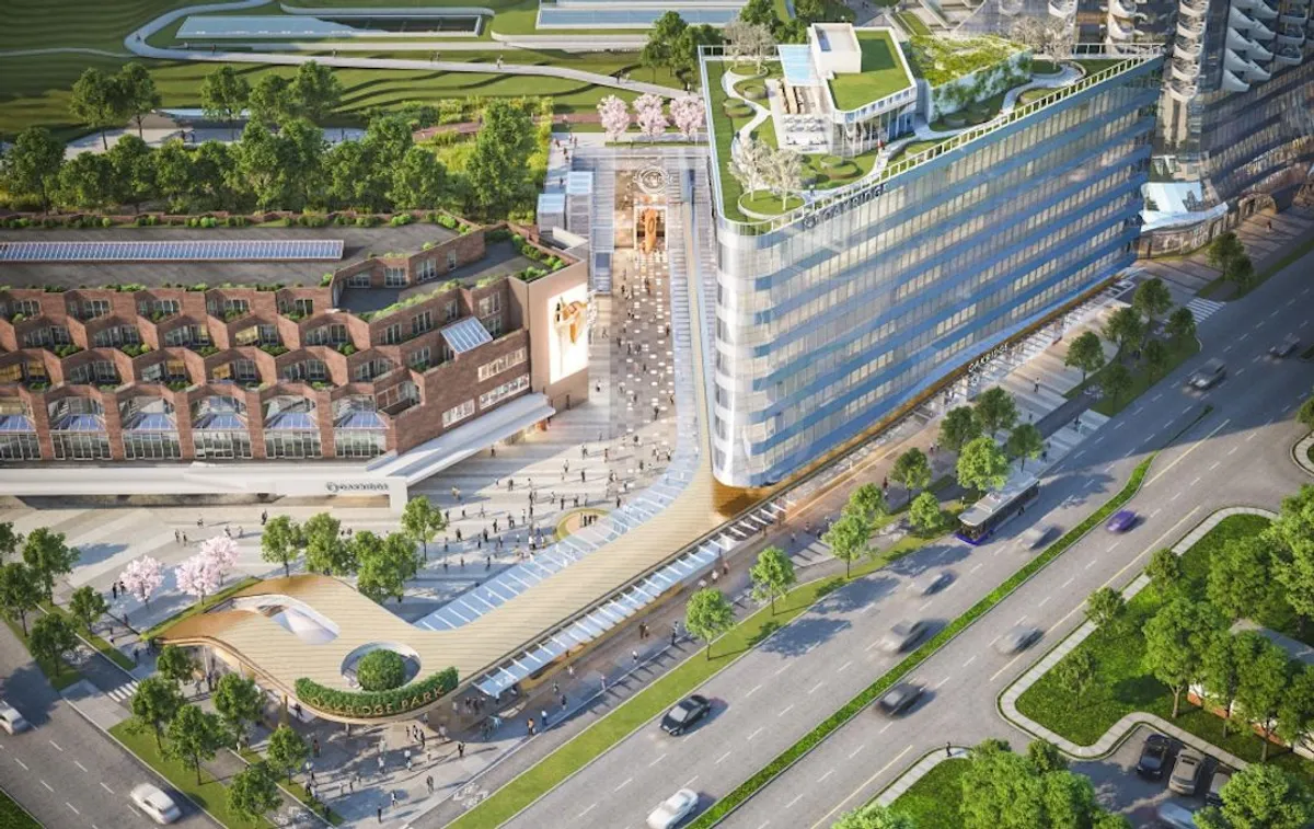 Oakridge Park development rendering showing modern residential towers and rooftop parkland