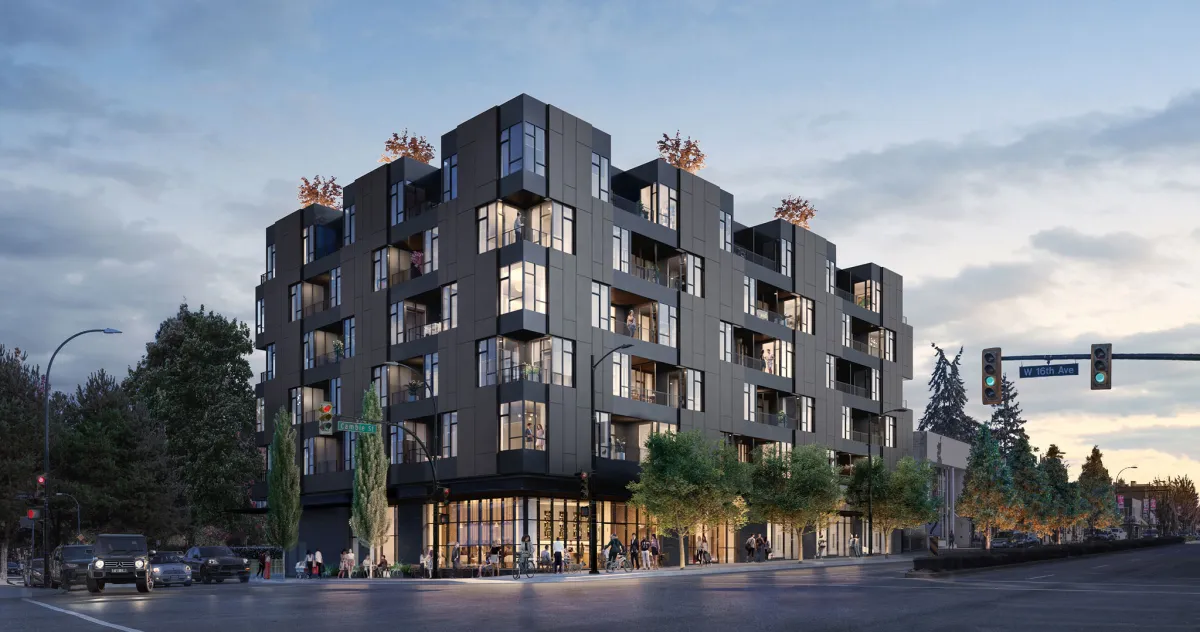 W16 rendering — 7-storey mixed-use building by Wesgroup Properties designed by Olson Kundig on Cambie Corridor