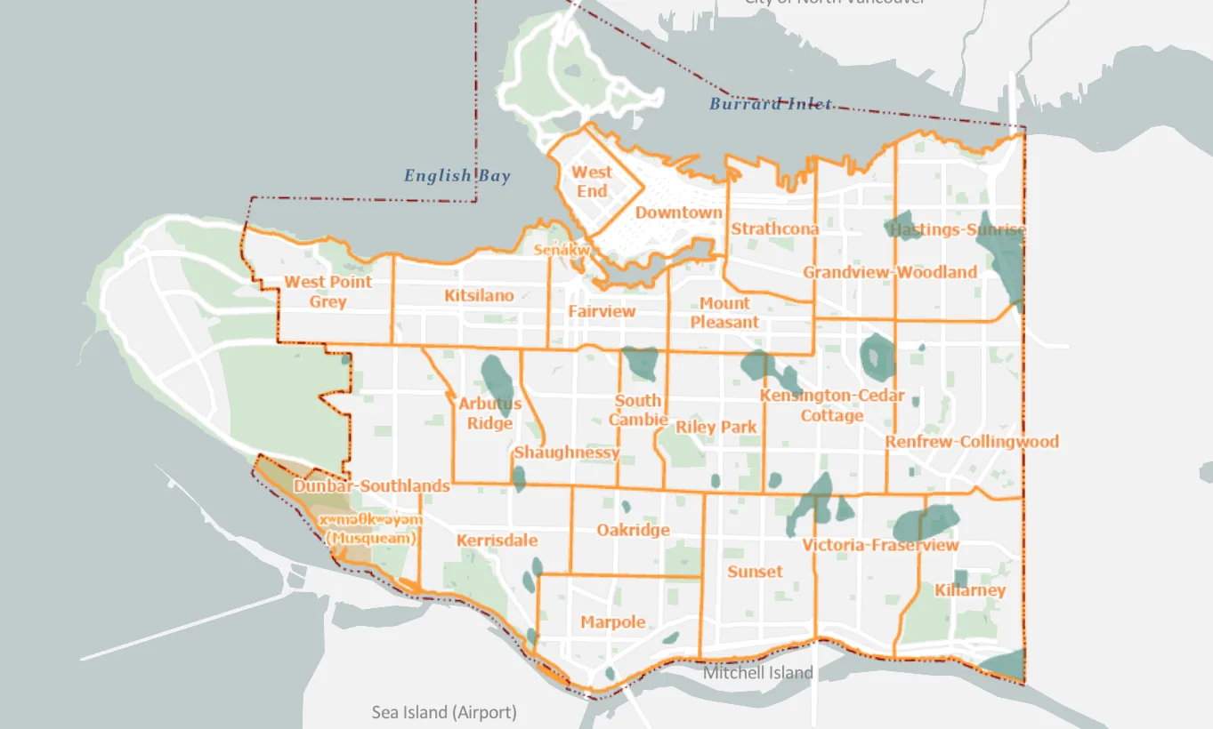 Map of Vancouver neighbourhoods showing peat bog areas marked in teal/green, with neighbourhood boundaries in orange, covering areas including Mount Pleasant, Kensington-Cedar Cottage, Hastings-Sunrise, Renfrew-Collingwood, Victoria-Fraserview, and Killarney